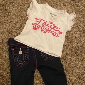 Baby girls True Religion Pink outfit shirt top jeans pants set